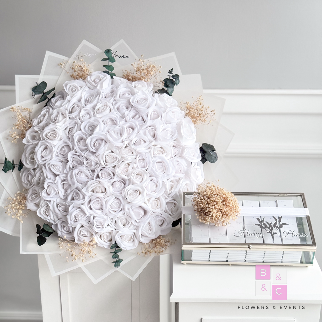 2'li set-Mega Boy Beyaz Güllü İsteme Çiçeği ve Çikolatası