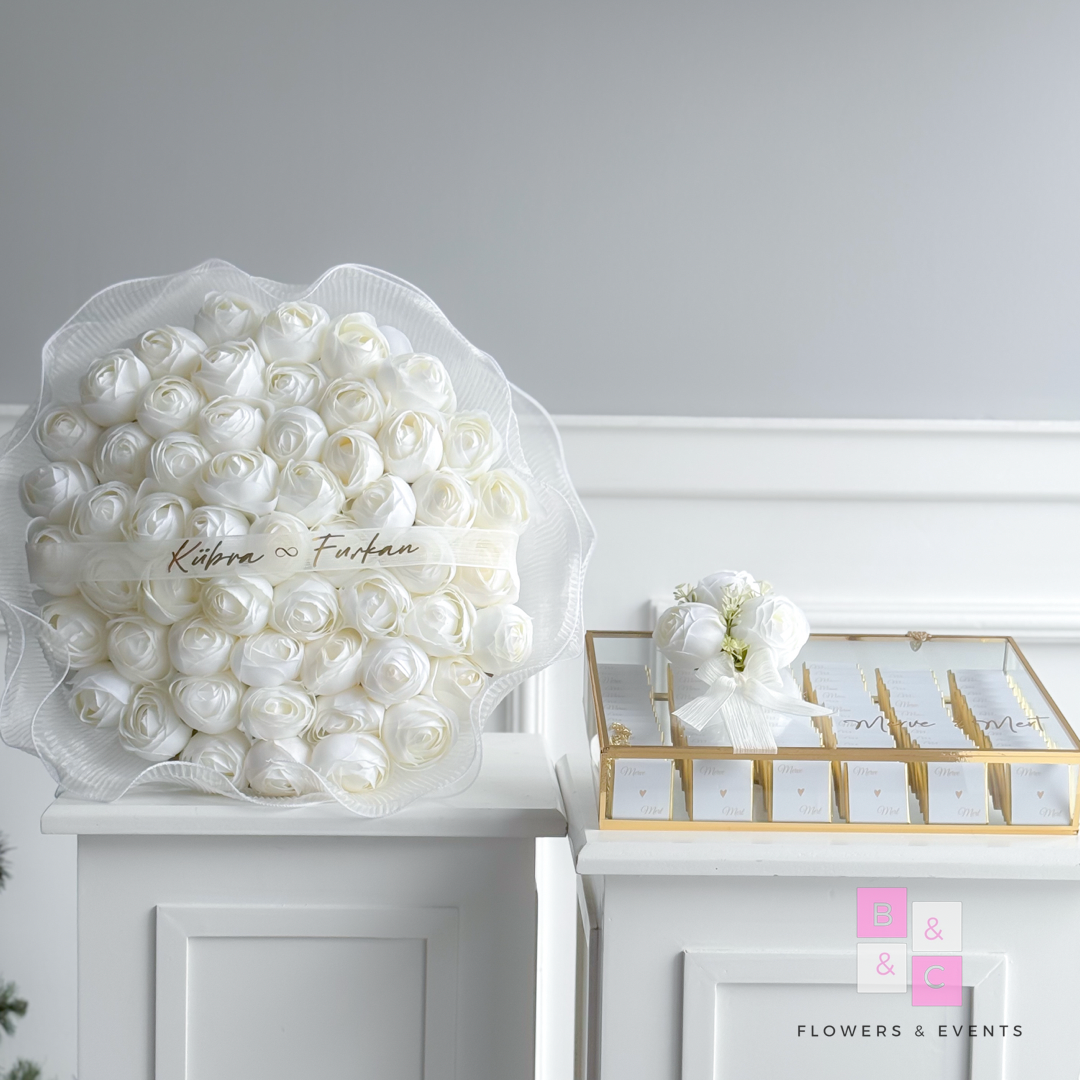 2'li Set-Solmayan Şakayıklı Tüllü İsteme Çiçeği & İsteme Çikolatası