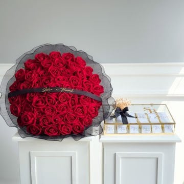 2'li set - Büyük Boy Siyah Tüllü İsteme Çiçeği ve İsteme Çikolatası