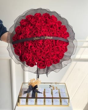 2'li set - Büyük Boy Siyah Tüllü İsteme Çiçeği ve İsteme Çikolatası