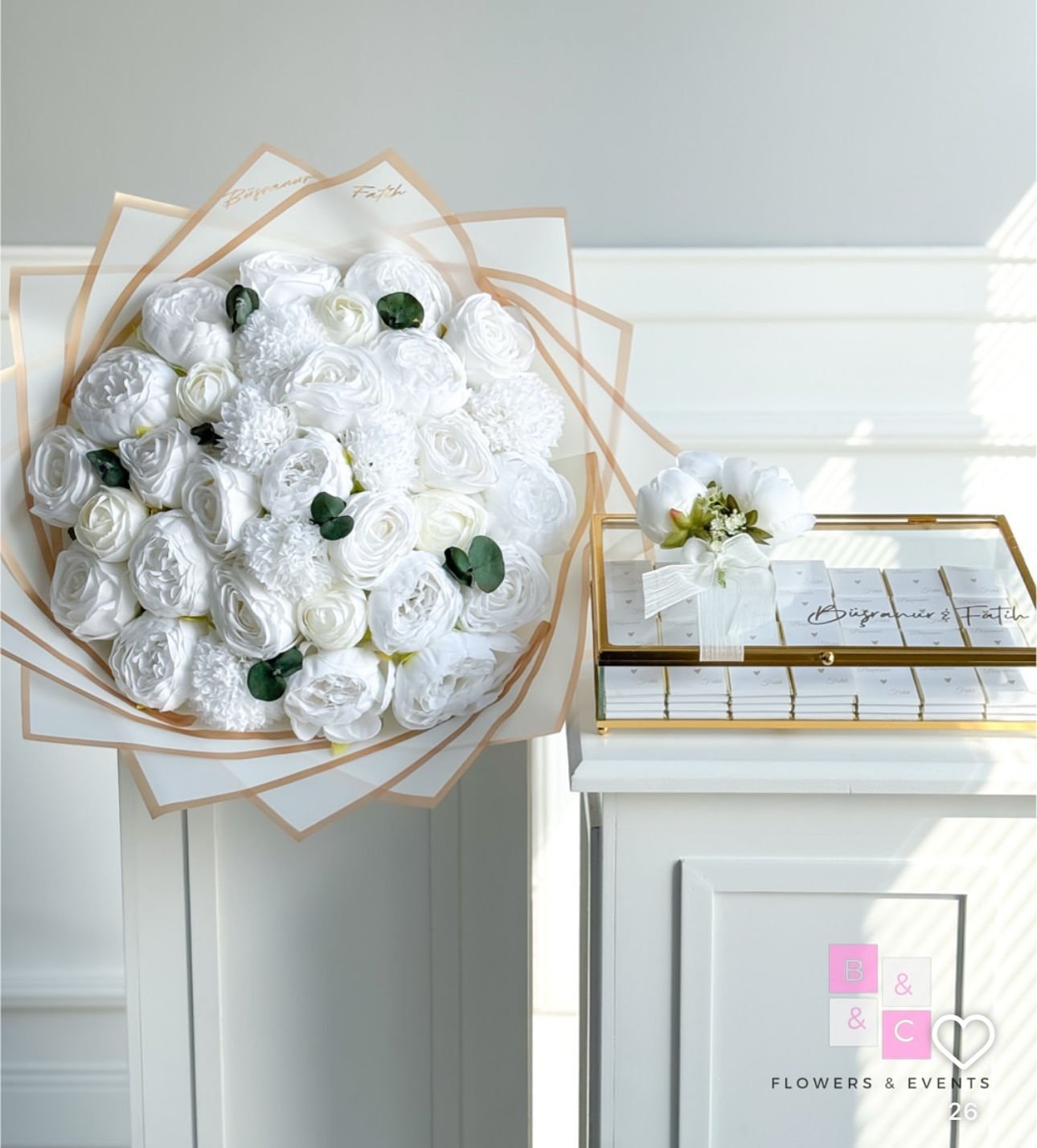 2'li Set-Karışık Beyaz Şakayıklı İsteme Çiçeği & İsteme Çikolatası