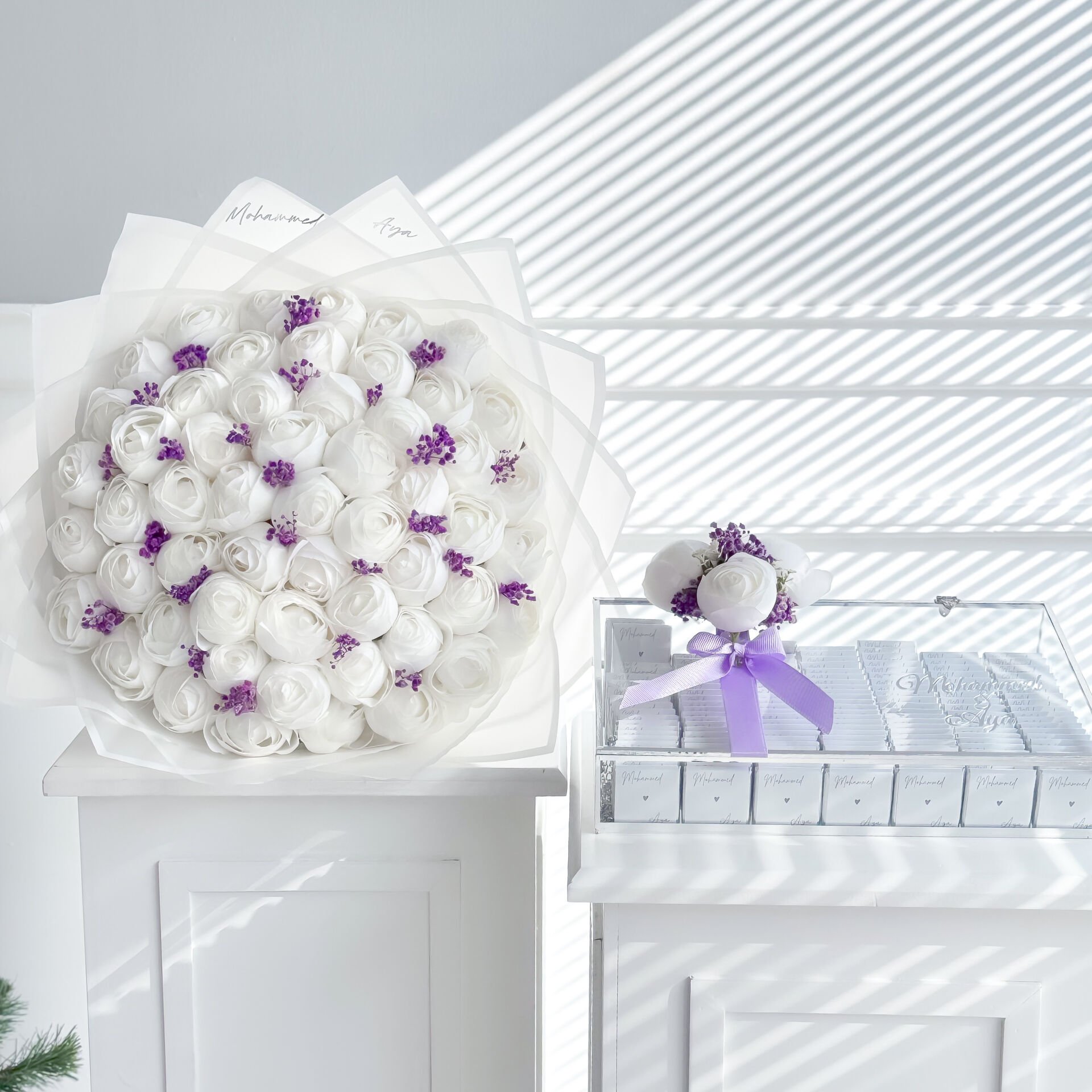 2'li-Set Lila Süslemeli Şakayık İsteme Çiçeği&İsteme Çikolatası