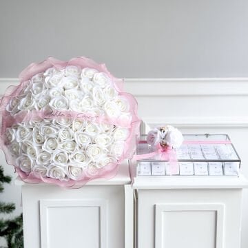 2'li Set-Pembe Tüllü Büyük Boy İsteme Çiçeği&İsteme Çikolatası