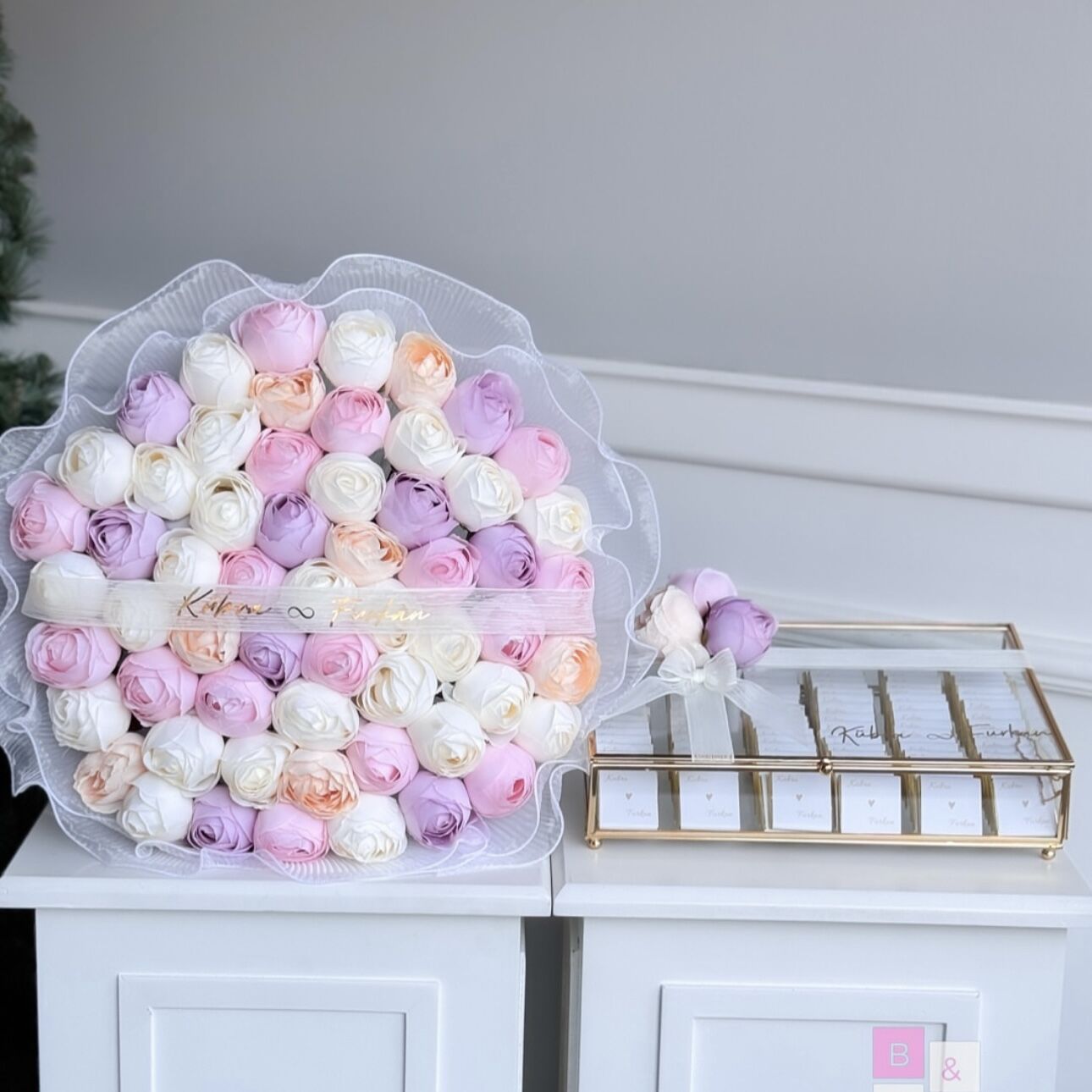 2'li Set-Tüllü Lila Pembe Şakayık İsteme Çiçeği&İsteme Çikolatası