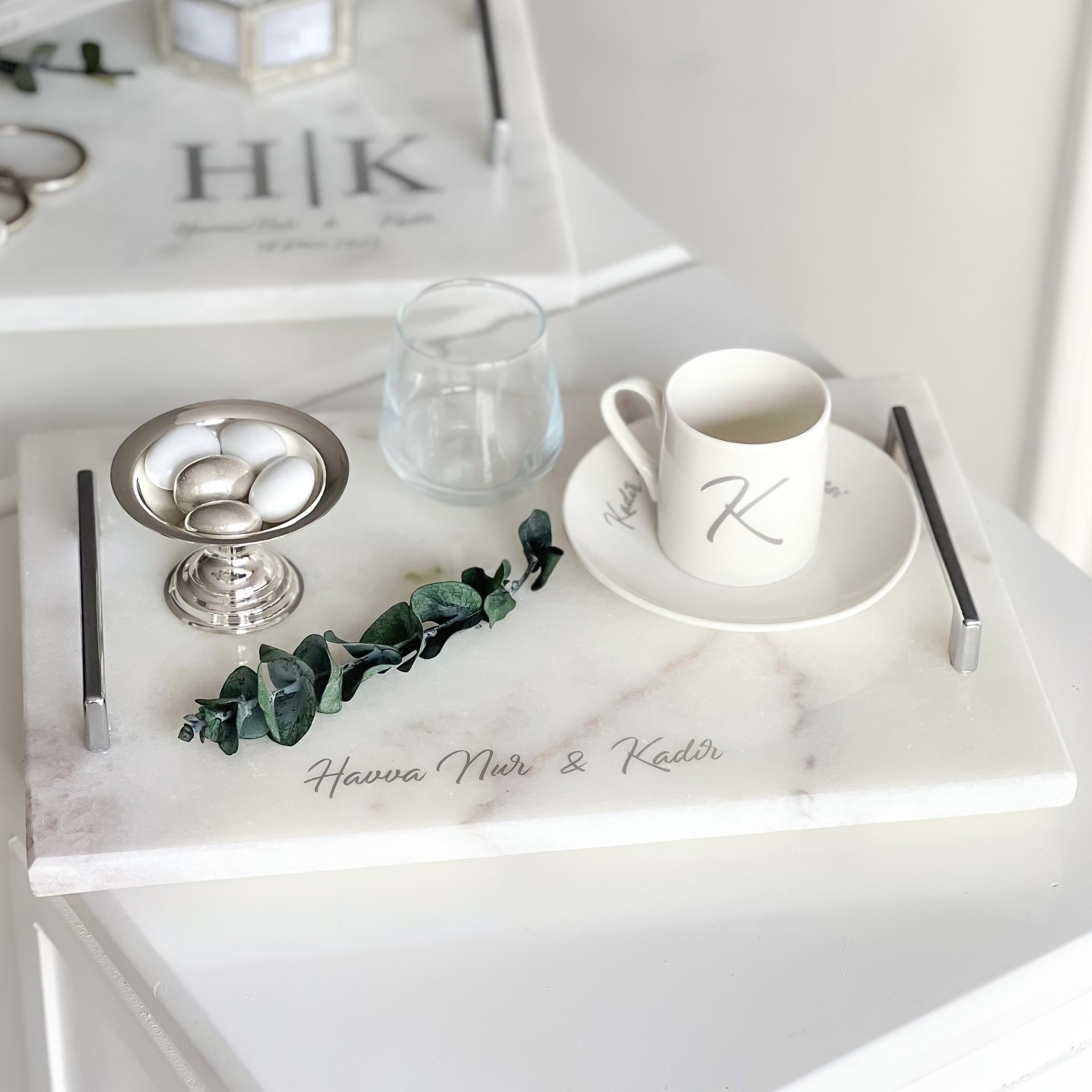 Mermer Damat Kahve Tepsisi - Gümüş