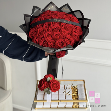 2'li set-Kırmızı Güllü İsteme Çiçeği ve Çikolatası